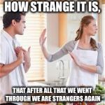 Break up | HOW STRANGE IT IS, THAT AFTER ALL THAT WE WENT THROUGH WE ARE STRANGERS AGAIN | image tagged in break up | made w/ Imgflip meme maker