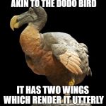 #DodoBird | OUR COUNTRY IS SOMEWHAT AKIN TO THE DODO BIRD; IT HAS TWO WINGS WHICH RENDER IT UTTERLY INCAPABLE OF FLYING | image tagged in dodobird | made w/ Imgflip meme maker