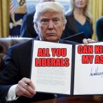 Donald Trump Executive Order | CAN KISS MY ASS; ALL YOU LIBERALS | image tagged in donald trump executive order | made w/ Imgflip meme maker