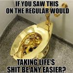 Gold Toilet | IF YOU SAW THIS ON THE REGULAR WOULD; TAKING LIFE'S SHIT BE ANY EASIER? | image tagged in gold toilet | made w/ Imgflip meme maker