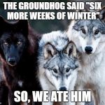  Wolfpack  | THE GROUNDHOG SAID "SIX MORE WEEKS OF WINTER"; SO, WE ATE HIM | image tagged in wolfpack | made w/ Imgflip meme maker