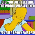 face palm homer | DID YOU EVER FEEL LIKE THE WORLD WAS A TUXEDO; AND YOU ARE A BROWN PAIR OF SHOES | image tagged in face palm homer | made w/ Imgflip meme maker