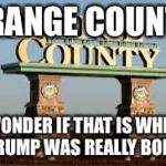 Trumps true birthplace | ORANGE COUNTY; I WONDER IF THAT IS WHERE TRUMP WAS REALLY BORN | image tagged in orange county,trump,idk lol | made w/ Imgflip meme maker