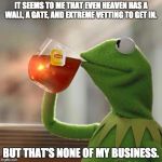 Kermit Lipton | IT SEEMS TO ME THAT EVEN HEAVEN HAS A WALL, A GATE, AND EXTREME VETTING TO GET IN. BUT THAT'S NONE OF MY BUSINESS. | image tagged in kermit lipton | made w/ Imgflip meme maker