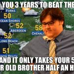 FAT WEATHER MAN | TAKES YOU 3 YEARS TO BEAT THE BOSS; AND IT ONLY TAKES YOUR 5 YEAR OLD BROTHER HALF AN HOUR | image tagged in fat weather man | made w/ Imgflip meme maker