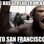 Planet of the apes | RIOTING HAS SPREAD FROM BERKELEY; TO SAN FRANCISCO | image tagged in planet of the apes | made w/ Imgflip meme maker