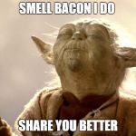 Yoda focus | SMELL BACON I DO; SHARE YOU BETTER | image tagged in yoda focus | made w/ Imgflip meme maker