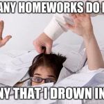 Drowing in Homework | HOW MANY HOMEWORKS DO I HAVE?! SO MANY THAT I DROWN IN THEM! | image tagged in drowing in homework | made w/ Imgflip meme maker