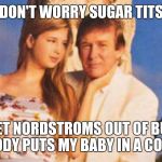 trump ivanka Nordstroms meme | DON'T WORRY SUGAR TITS; I'LL TWEET NORDSTROMS OUT OF BUSINESS. NOBODY PUTS MY BABY IN A CORNER. | image tagged in trump ivanka nordstroms meme | made w/ Imgflip meme maker