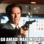 Make my day! | GO AHEAD! MAKE MY DAY! | image tagged in make my day,memes,clint eastwood,gun | made w/ Imgflip meme maker