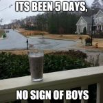 Milkshake | ITS BEEN 5 DAYS, NO SIGN OF BOYS | image tagged in milkshake | made w/ Imgflip meme maker