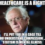 That Moment When Bernie | HEALTHCARE IS A RIGHT; I'LL PUT YOU IN A CAGE TILL YOU UNDERSTAND COMPASSION ...... STATISM IS MENTAL ILLNESS | image tagged in that moment when bernie | made w/ Imgflip meme maker