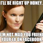 furious_wife | I'LL BE RIGHT UP HONEY. NO I'M NOT MAD YOU FRIENDED YOUR EX ON FACEBOOK. | image tagged in furious_wife | made w/ Imgflip meme maker