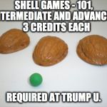 Shell game | SHELL GAMES - 101, INTERMEDIATE AND ADVANCED   3 CREDITS EACH; REQUIRED AT TRUMP U. | image tagged in shell game | made w/ Imgflip meme maker