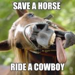 horsessuck | SAVE A HORSE; RIDE A COWBOY | image tagged in horsessuck | made w/ Imgflip meme maker