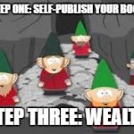 self-publishing, selfpub | STEP ONE: SELF-PUBLISH YOUR BOOK; STEP THREE: WEALTH | image tagged in underpants gnomes,self publishing | made w/ Imgflip meme maker