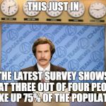 This just in | THIS JUST IN; THE LATEST SURVEY SHOWS THAT
THREE OUT OF FOUR PEOPLE MAKE
UP 75% OF THE POPULATION | image tagged in this just in | made w/ Imgflip meme maker