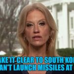 South Korea at it again... :) | WE'LL MAKE IT CLEAR TO SOUTH KOREA THAT THEY CAN'T LAUNCH MISSILES AT JAPAN... | image tagged in kellyanne conway alternative facts,memes,north korea,missile,trump,kim jong un | made w/ Imgflip meme maker