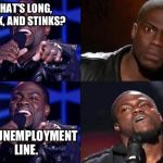 kevin hart come back | WHAT'S LONG, DARK, AND STINKS? THE UNEMPLOYMENT LINE. | image tagged in kevin hart come back | made w/ Imgflip meme maker