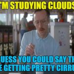 I'm not sure weather this will do much... :) | I'M STUDYING CLOUDS; SO I GUESS YOU COULD SAY THINGS ARE GETTING PRETTY CIRRUS... | image tagged in things are getting serious,memes,clouds,weather | made w/ Imgflip meme maker