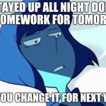 Lapis | I STAYED UP ALL NIGHT DOING MY HOMEWORK FOR TOMORROW; AND YOU CHANGE IT FOR NEXT WEEK! | image tagged in lapis | made w/ Imgflip meme maker