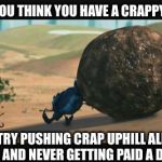 Dung beetle | AND YOU THINK YOU HAVE A CRAPPY JOB? TRY PUSHING CRAP UPHILL ALL DAY, AND NEVER GETTING PAID A DIME! | image tagged in dung beetle | made w/ Imgflip meme maker