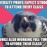 Unrealistic expectations | UNIVERSITY PROFS EXPECT STUDENTS TO ATTEND EVERY CLASS; WHILE ALSO WORKING FULL-TIME TO AFFORD THEIR CLASS | image tagged in millenial falcon,millennials,university | made w/ Imgflip meme maker