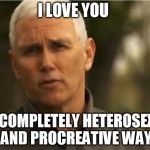 Mike Pence | I LOVE YOU; IN A COMPLETELY HETEROSEXUAL AND PROCREATIVE WAY | image tagged in mike pence | made w/ Imgflip meme maker