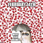 grumpy valentine | FEBRUARY 14TH; HAPPY FAKE HOLIDAY. | image tagged in grumpy valentine | made w/ Imgflip meme maker