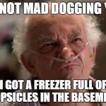 hector the pervert | IM NOT MAD DOGGING YOU; I GOT A FREEZER FULL OF POPSICLES IN THE BASEMENT | image tagged in breaking bad,family guy,herbert the pervert,hector salamanca,memes | made w/ Imgflip meme maker