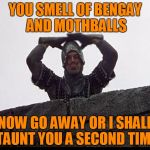 Now Go Away Or I Shall Taunt You A Second Time | YOU SMELL OF BENGAY AND MOTHBALLS; NOW GO AWAY OR I SHALL TAUNT YOU A SECOND TIME | image tagged in taunting french guard,still not in the mood for tags | made w/ Imgflip meme maker
