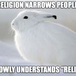 Radicalized Rabbit | THINKS RELIGION NARROWS PEOPLES MINDS; NARROWLY UNDERSTANDS "RELIGION" | image tagged in radicalized rabbit | made w/ Imgflip meme maker