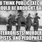 Firing Squad | DO YOU THINK PUBLIC EXECUTIONS SHOULD BE BROUGHT BACK; FOR TERRORISTS, MURDERERS, RAPISTS, AND PEDOPHILES? | image tagged in firing squad | made w/ Imgflip meme maker