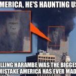 He's haunting us | AMERICA, HE'S HAUNTING US; KILLING HARAMBE WAS THE BIGGEST MISTAKE AMERICA HAS EVER MADE | image tagged in harambe bush 9/11 towers | made w/ Imgflip meme maker