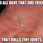that one friend | WE ALL HAVE THAT ONE FRIEND; THAT ROLLS TINY JOINTS | image tagged in joint,that one friend | made w/ Imgflip meme maker