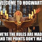 Dumbledore_Silence | WELCOME TO HOGWARTS; WE'RE THE RULES ARE MADE UP AND THE POINTS DON'T MATTER | image tagged in dumbledore_silence | made w/ Imgflip meme maker