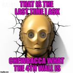 C-3PO meets the 4th wall!!! | THAT IS THE LAST TIME I ASK; CHEWBACCA WHAT THE 4TH WALL IS | image tagged in c-3po fourth wall,memes,star wars,funny,c-3po,4th wall | made w/ Imgflip meme maker
