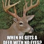 Bad Pun Buck | WHAT DOES A HUNTER SAY; WHEN HE GETS A DEER WITH NO EYES? I HAVE NO EYE DEER | image tagged in bad pun buck,memes,bad pun,bad puns,funny | made w/ Imgflip meme maker