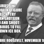 Teddy Roosevelt Quotes | TWO BIRDS, ONE STONE?  QUAINT FIGURE OF SPEECH.  TRY A MODERN SHOTGUN INSTEAD AND SHOOT ENOUGH BIRDS TO FILL UP YOUR OWN ICE BOX. - THEODORE ROOSEVELT, NOVEMBER 1899 | image tagged in teddy roosevelt,inspirational quote,words of wisdom,historical meme,true facts | made w/ Imgflip meme maker
