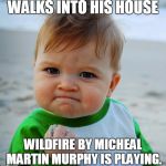 Wildfire FTW! | WALKS INTO HIS HOUSE; WILDFIRE BY MICHEAL MARTIN MURPHY IS PLAYING. | image tagged in success baby | made w/ Imgflip meme maker