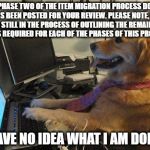 Regular email. | "PHASE TWO OF THE ITEM MIGRATION PROCESS DOC HAS BEEN POSTED FOR YOUR REVIEW. PLEASE NOTE, WE ARE STILL IN THE PROCESS OF OUTLINING THE REMAINING TASKS REQUIRED FOR EACH OF THE PHASES OF THIS PROJECT."; I HAVE NO IDEA WHAT I AM DOING. | image tagged in i have no idea,funny memes,funny because it's true,memes | made w/ Imgflip meme maker