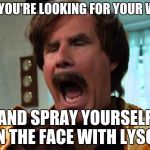 Will Ferrell Blind | WHEN YOU'RE LOOKING FOR YOUR WALLET; AND SPRAY YOURSELF IN THE FACE WITH LYSOL | image tagged in will ferrell blind | made w/ Imgflip meme maker