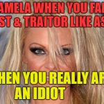 Pamela Anderson | YES PAMELA WHEN YOU FALL FOR A RAPIST & TRAITOR LIKE ASSANGE; THEN YOU REALLY ARE AN IDIOT | image tagged in pamela anderson | made w/ Imgflip meme maker