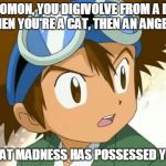 I Just Realized That Gatomon's Digivolutions Make ZERO Sense! | GATOMON, YOU DIGIVOLVE FROM A DOG, THEN YOU'RE A CAT, THEN AN ANGEL... WHAT MADNESS HAS POSSESSED YOU? | image tagged in skeptical tai,digimon | made w/ Imgflip meme maker