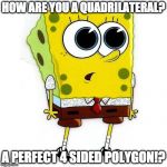 Spongebob Squarepantes Big Eyes | HOW ARE YOU A QUADRILATERAL? A PERFECT 4 SIDED POLYGON!? | image tagged in spongebob squarepantes big eyes | made w/ Imgflip meme maker