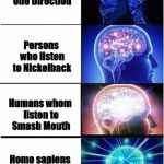 music expanding brain | people who listen to One Direction; Persons who listen to Nickelback; Humans whom listen to Smash Mouth; Homo sapiens whomst receive The Beatles into their ears | image tagged in expanding brain,boy bands,shrek,all star,nickelback,one direction meme | made w/ Imgflip meme maker