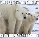 Polar bears | WE FART ON YOU MOMMY; IS THERE AN ORPHANAGE AROUND HERE | image tagged in polar bears | made w/ Imgflip meme maker