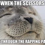 Satisfaction Seal | WHEN THE SCISSORS; GLIDE THROUGH THE RAPPING PAPER... | image tagged in satisfaction seal | made w/ Imgflip meme maker