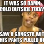 Hide Yo Kids Hide Yo Wife Meme | IT WAS SO DAMN COLD OUTSIDE TODAY I SAW A GANGSTA WITH HIS PANTS PULLED UP | image tagged in memes,hide yo kids hide yo wife | made w/ Imgflip meme maker