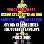 Oscar Exam | RED CARPET 25,000; OSCAR STATUETTES 45,000; NOMINEE LUNCHEON 260,000; GIVING THE PRESENTER THE CORRECT ENVELOPE; PRICELESS | image tagged in oscar exam | made w/ Imgflip meme maker